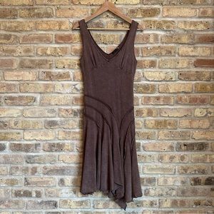 Distressed Brown Midi Dress w/ Detailed Seaming